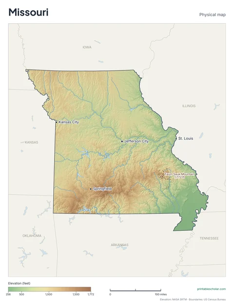 Missouri physical map, labeled: the Ozark Mountains, the Mississippi/Missouri river system, and the northern glaciated plains, with the capital, cities and highest point marked