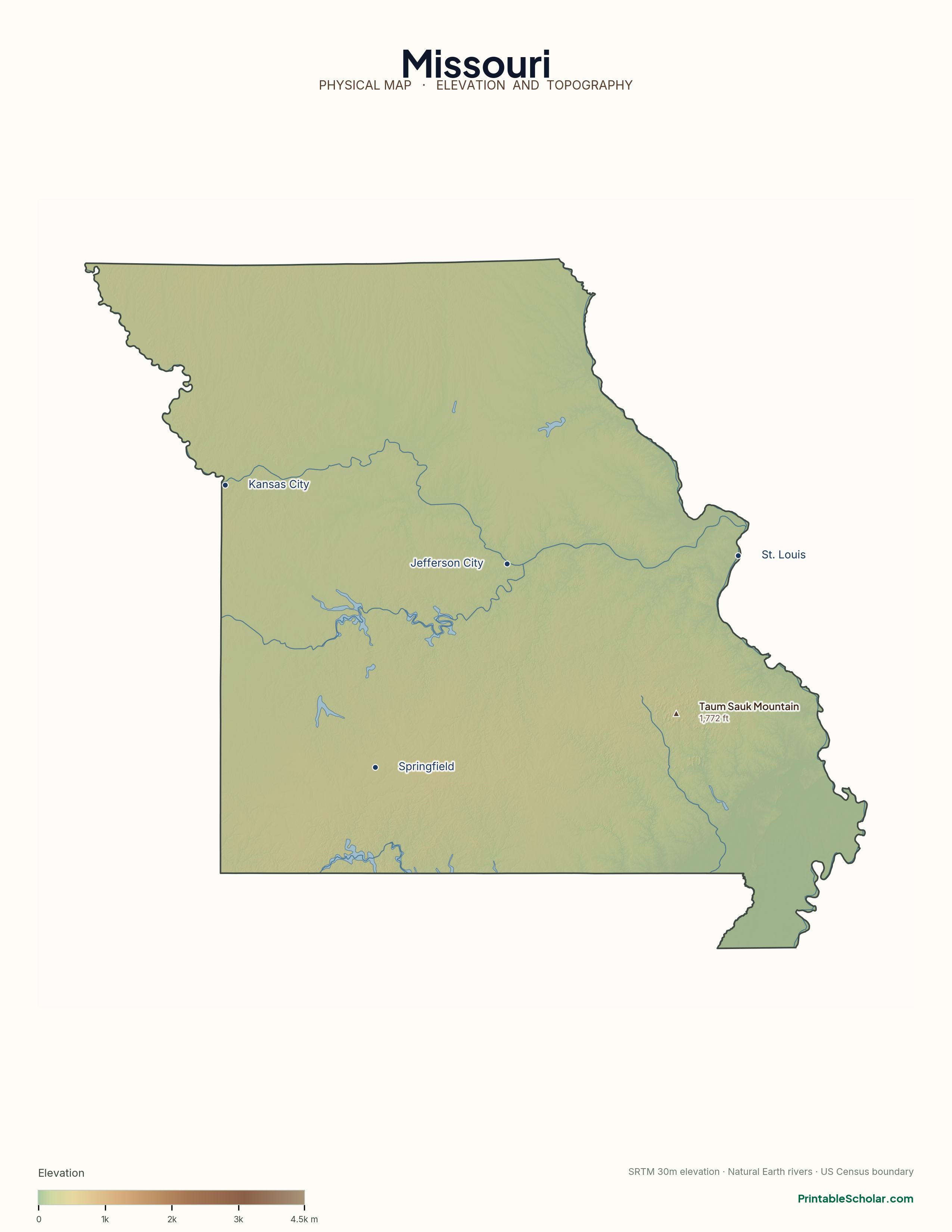 Missouri physical map with labeled peaks, cities, and rivers