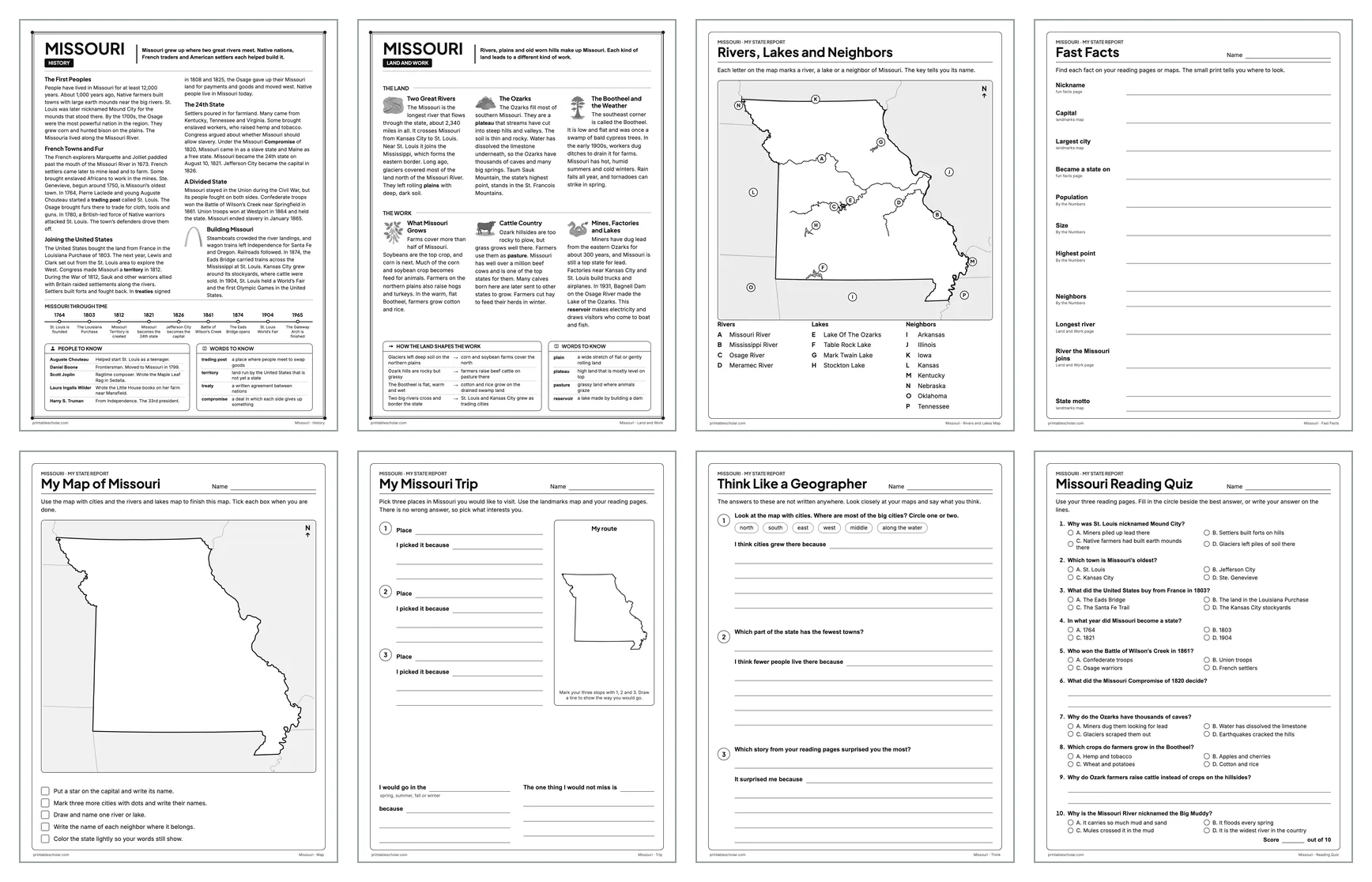 Eight pages from the Missouri State Report Kit: History, Land and Work, the rivers and lakes map, Fast Facts, My Map, My Trip, Think Like a Geographer and the reading quiz