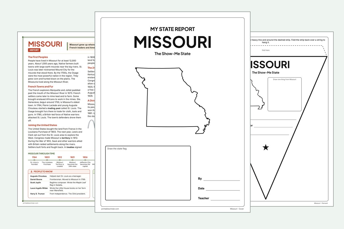 Missouri State Report Kit: the report booklet cover, the history reading page and the pennant