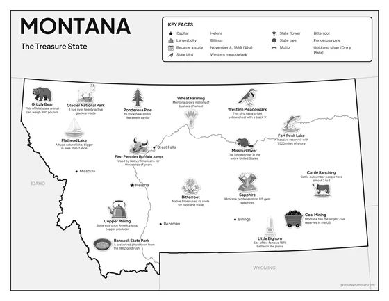 Black and white illustrated map of Montana