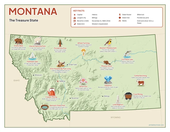 Illustrated map of Montana in color