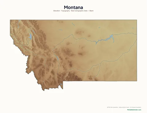 Montana blank physical map — same topographic relief, no labels, for label-it-yourself geography exercises