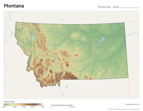 Montana blank physical map: the same terrain with no labels, for labeling practice