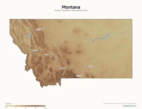 Montana physical map labeled — showing the Rocky Mountains, the Bitterroot Range, the Continental Divide, and the Great Plains, with peak elevations and major cities marked