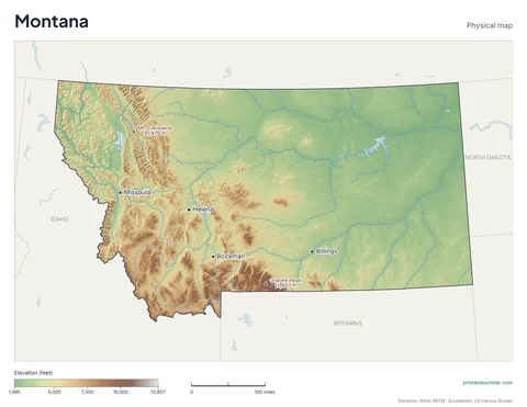 Montana physical map, labeled: the Rocky Mountains, the Bitterroot Range, the Continental Divide, and the Great Plains, with the capital, cities and highest point marked