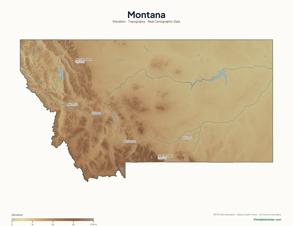 Montana physical map showing the Rocky Mountains, the Bitterroot Range, the Continental Divide, and the Great Plains, with major peaks and cities labeled. Topographic relief from NASA SRTM elevation data.
