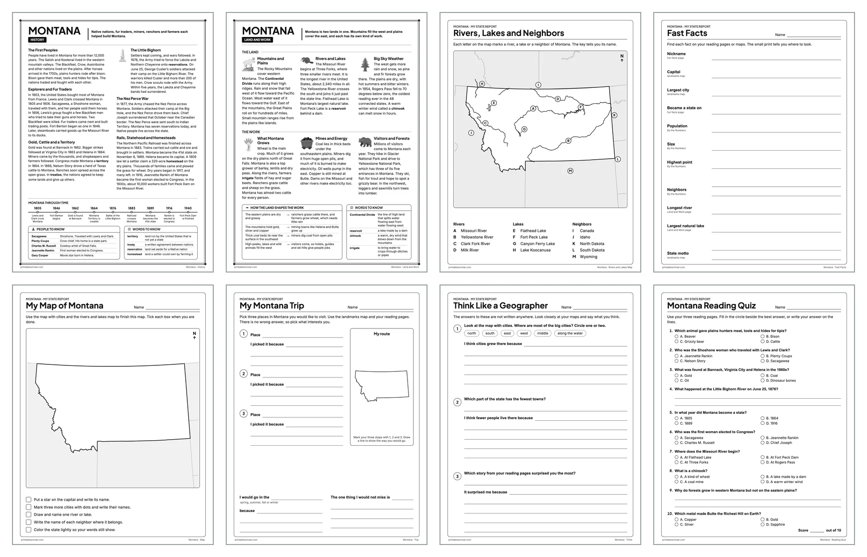 Eight pages from the Montana State Report Kit: History, Land and Work, the rivers and lakes map, Fast Facts, My Map, My Trip, Think Like a Geographer and the reading quiz
