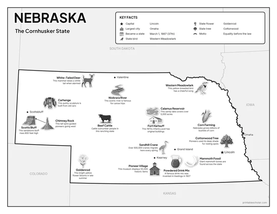 Black and white illustrated map of Nebraska