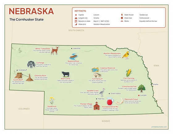Illustrated map of Nebraska in color