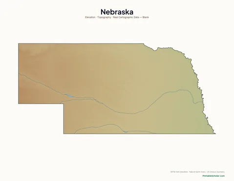 Nebraska blank physical map — same topographic relief, no labels, for label-it-yourself geography exercises