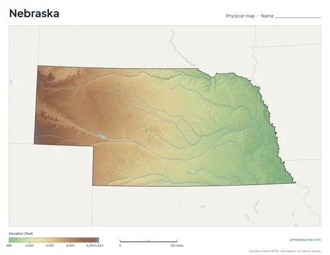 Nebraska blank physical map: the same terrain with no labels, for labeling practice
