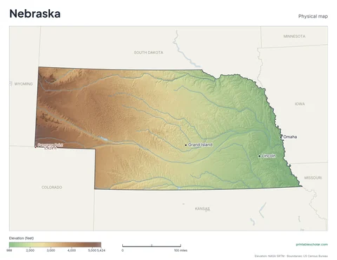 Nebraska physical map, labeled: the Sand Hills, the High Plains, and the Loess Hills, with the capital, cities and highest point marked