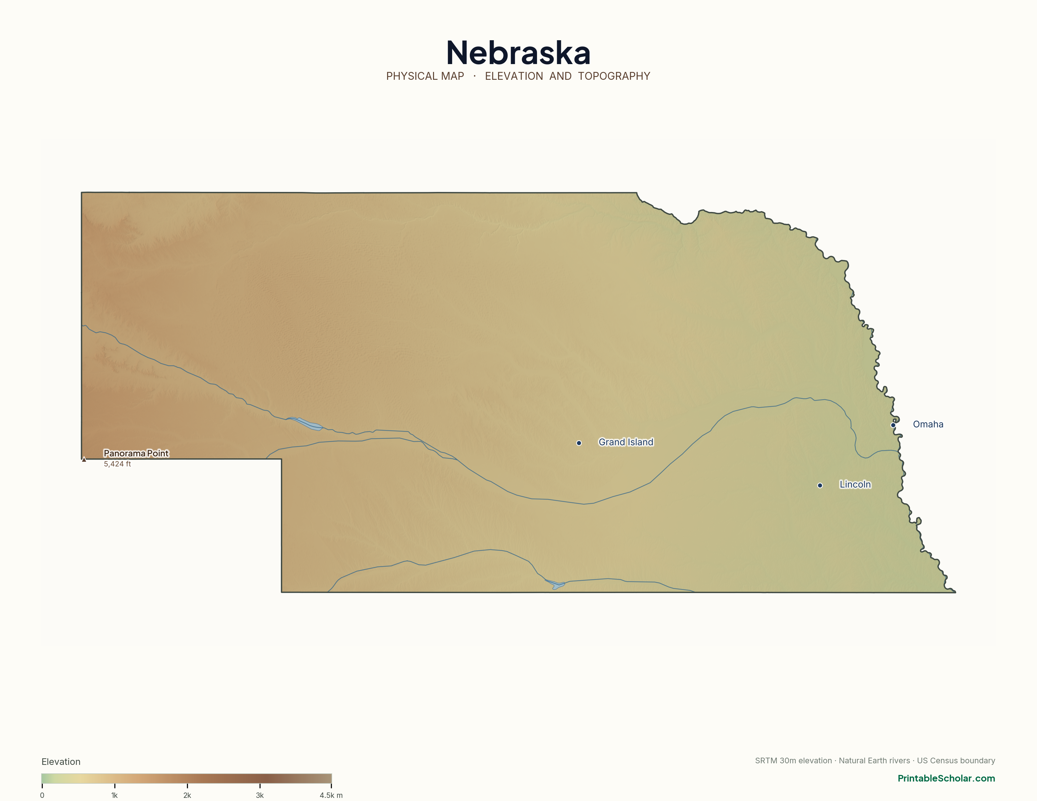 Nebraska physical map with labeled peaks, cities, and rivers