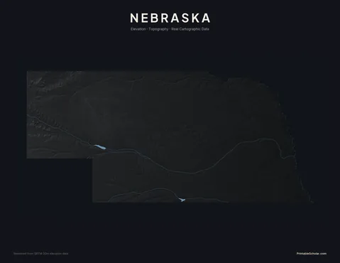 Nebraska topographic relief poster — high-contrast monochrome rendering of the Sand Hills, the High Plains, and the Loess Hills
