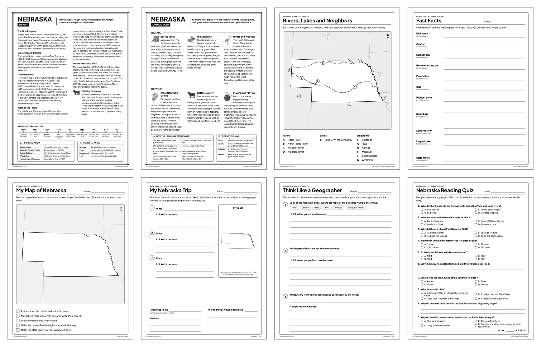 Eight pages from the Nebraska State Report Kit: History, Land and Work, the rivers and lakes map, Fast Facts, My Map, My Trip, Think Like a Geographer and the reading quiz