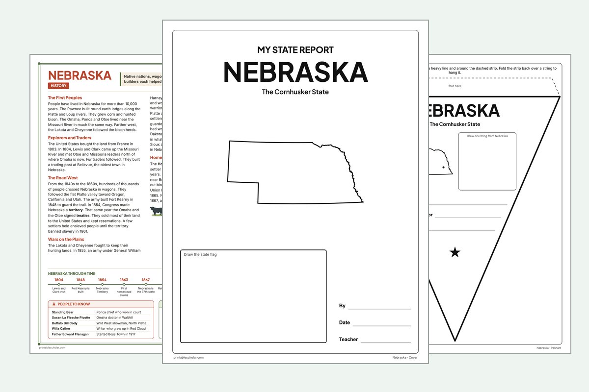 Nebraska State Report Kit: the report booklet cover, the history reading page and the pennant