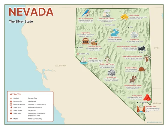 Illustrated map of Nevada in color