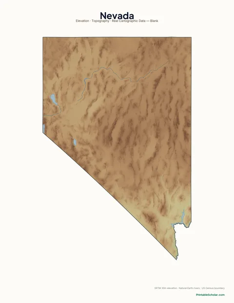 Nevada blank physical map — same topographic relief, no labels, for label-it-yourself geography exercises