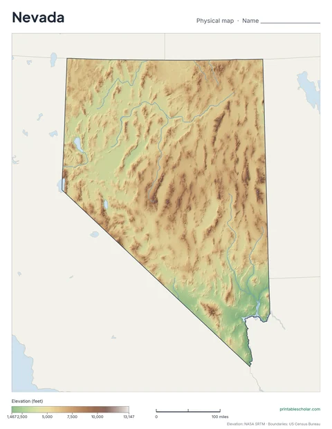 Nevada blank physical map: the same terrain with no labels, for labeling practice