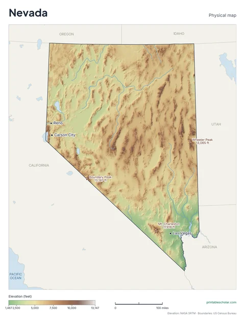Nevada physical map, labeled: the Sierra Nevada’s eastern flank, the Great Basin, and the Mojave Desert, with the capital, cities and highest point marked