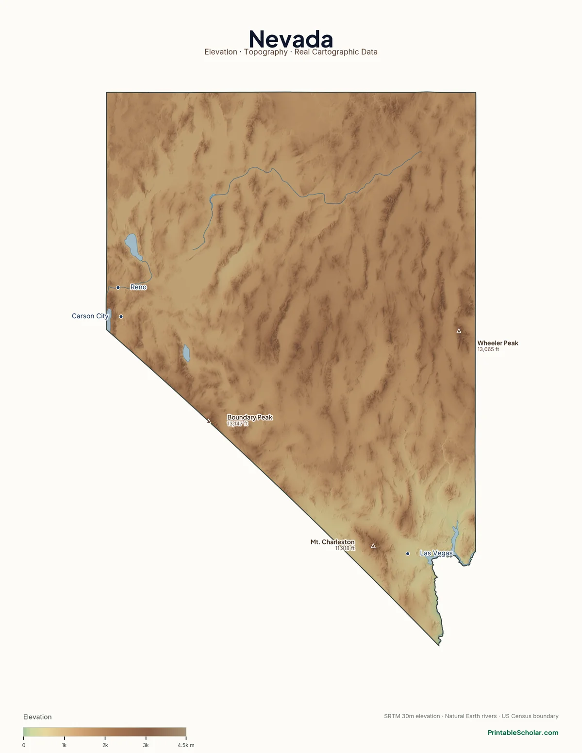 Nevada physical map showing the Sierra Nevada’s eastern flank, the Great Basin, and the Mojave Desert, with major peaks and cities labeled. Topographic relief from NASA SRTM elevation data.