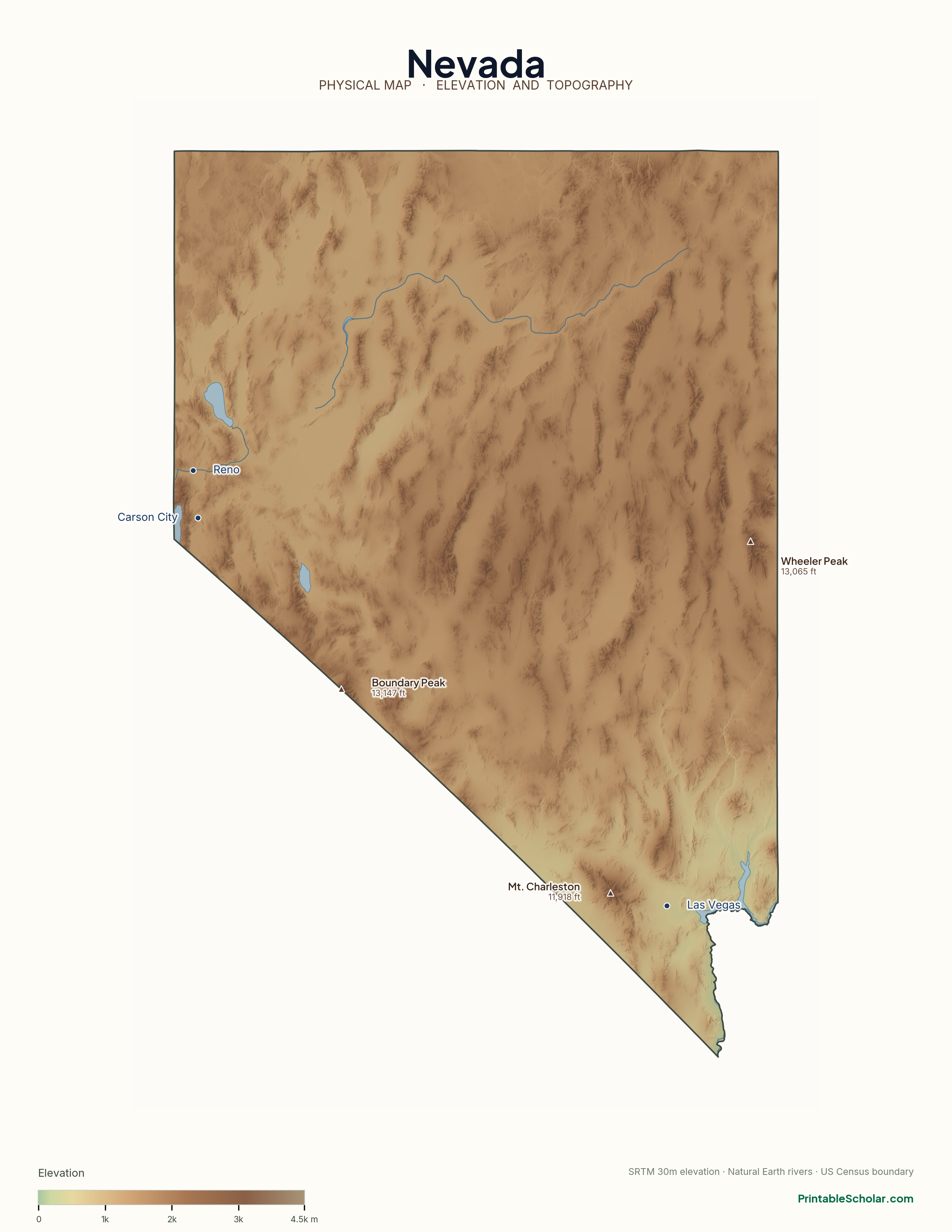Nevada physical map with labeled peaks, cities, and rivers