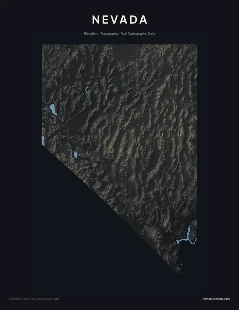 Nevada topographic relief poster — high-contrast monochrome rendering of the Sierra Nevada’s eastern flank, the Great Basin, and the Mojave Desert