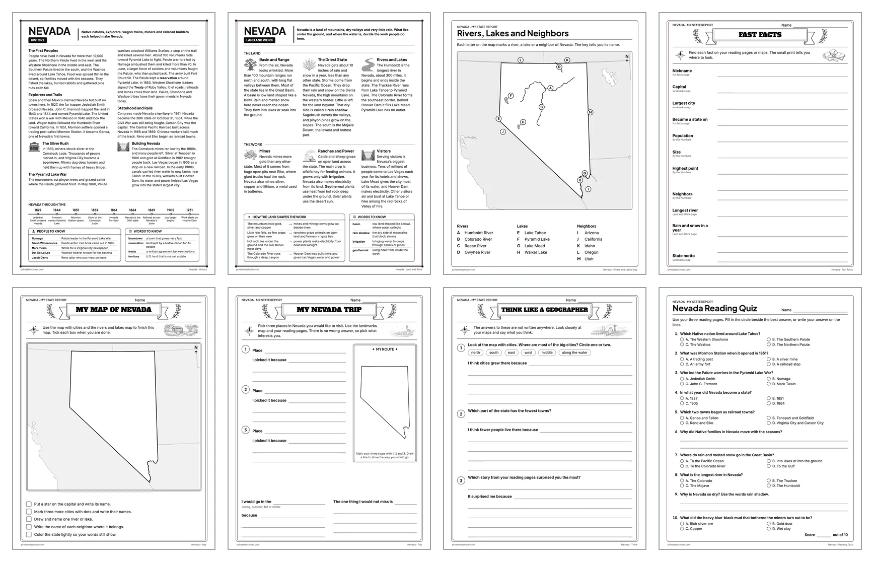 Eight pages from the Nevada State Report Kit: History, Land and Work, the rivers and lakes map, Fast Facts, My Map, My Trip, Think Like a Geographer and the reading quiz