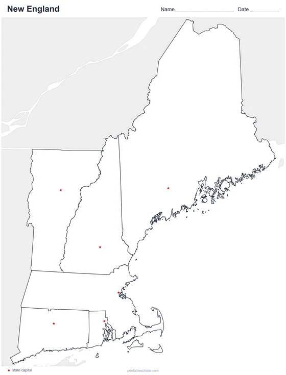 New England States Map, blank