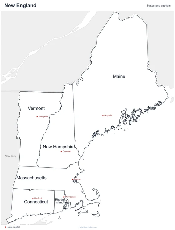 New England States Map, labeled