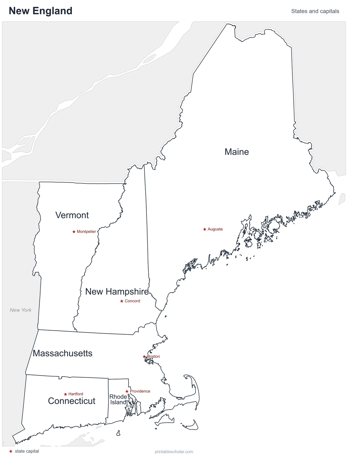 New England States Map, labeled