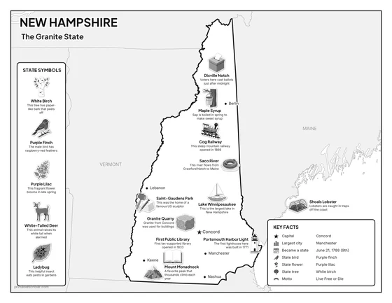 Black and white illustrated map of New Hampshire