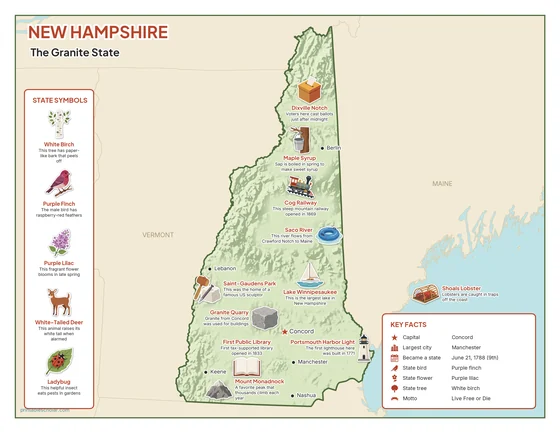 Illustrated map of New Hampshire in color