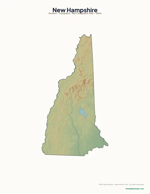 New Hampshire blank physical map — same topographic relief, no labels, for label-it-yourself geography exercises