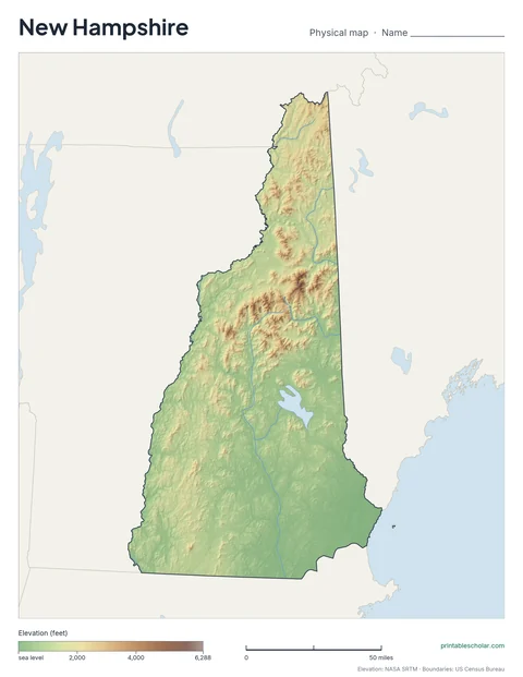 New Hampshire blank physical map: the same terrain with no labels, for labeling practice