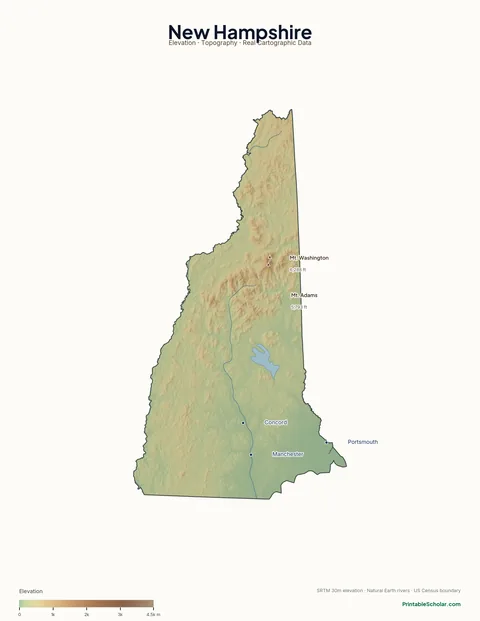 New Hampshire physical map labeled — showing the White Mountains, Presidential Range, and the Lakes Region, with peak elevations and major cities marked
