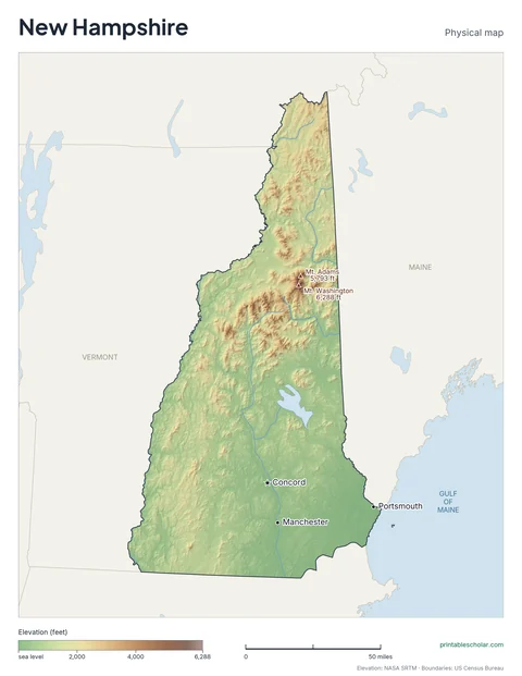 New Hampshire physical map, labeled: the White Mountains, Presidential Range, and the Lakes Region, with the capital, cities and highest point marked
