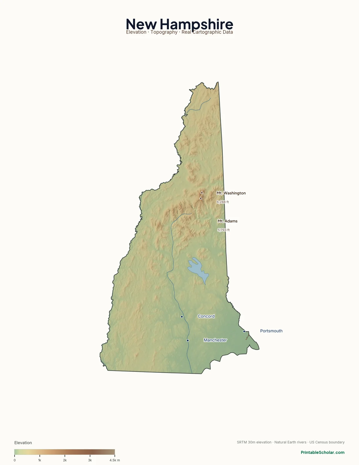 New Hampshire physical map showing the White Mountains, Presidential Range, and the Lakes Region, with major peaks and cities labeled. Topographic relief from NASA SRTM elevation data.