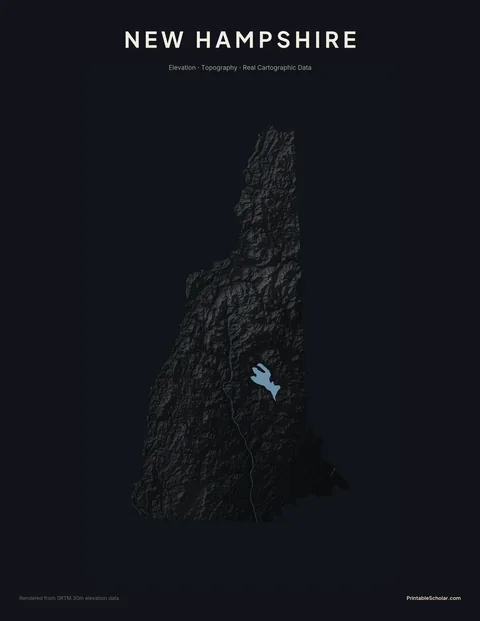 New Hampshire topographic relief poster — high-contrast monochrome rendering of the White Mountains, Presidential Range, and the Lakes Region