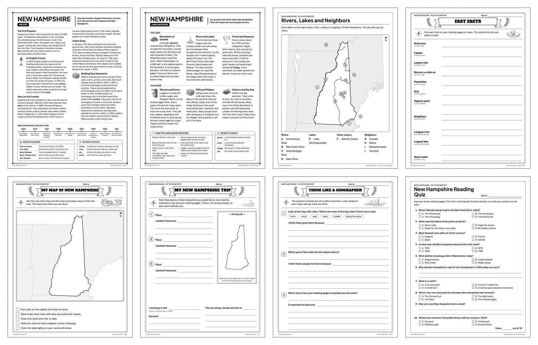 Eight pages from the New Hampshire State Report Kit: History, Land and Work, the rivers and lakes map, Fast Facts, My Map, My Trip, Think Like a Geographer and the reading quiz