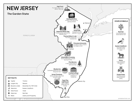 Black and white illustrated map of New Jersey