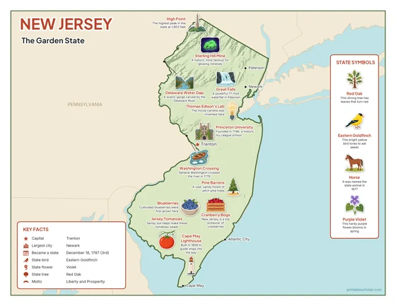Illustrated map of New Jersey in color