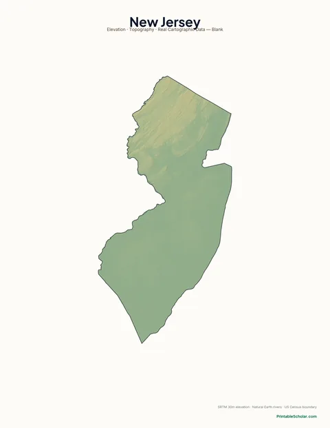 New Jersey blank physical map — same topographic relief, no labels, for label-it-yourself geography exercises