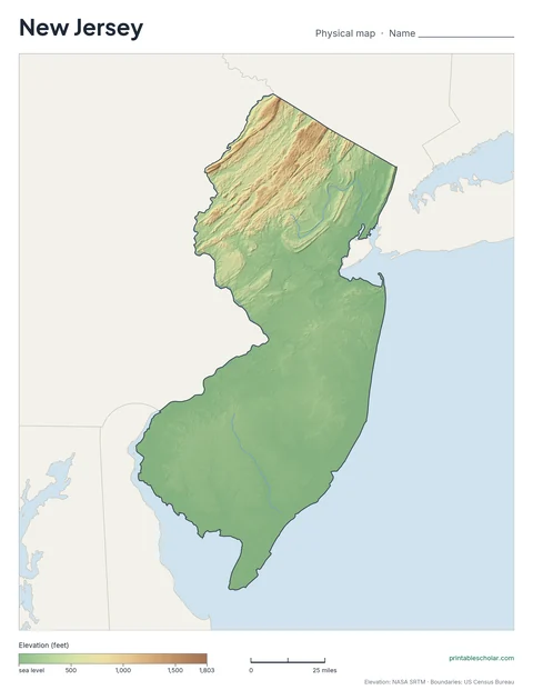 New Jersey blank physical map: the same terrain with no labels, for labeling practice