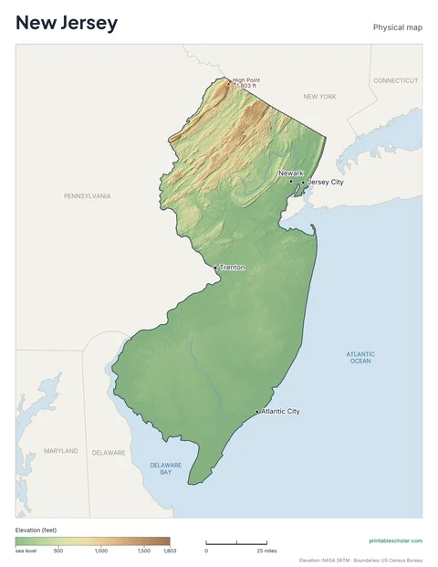 New Jersey physical map, labeled: the Kittatinny Mountains, the Pine Barrens, and the Atlantic coastal plain, with the capital, cities and highest point marked
