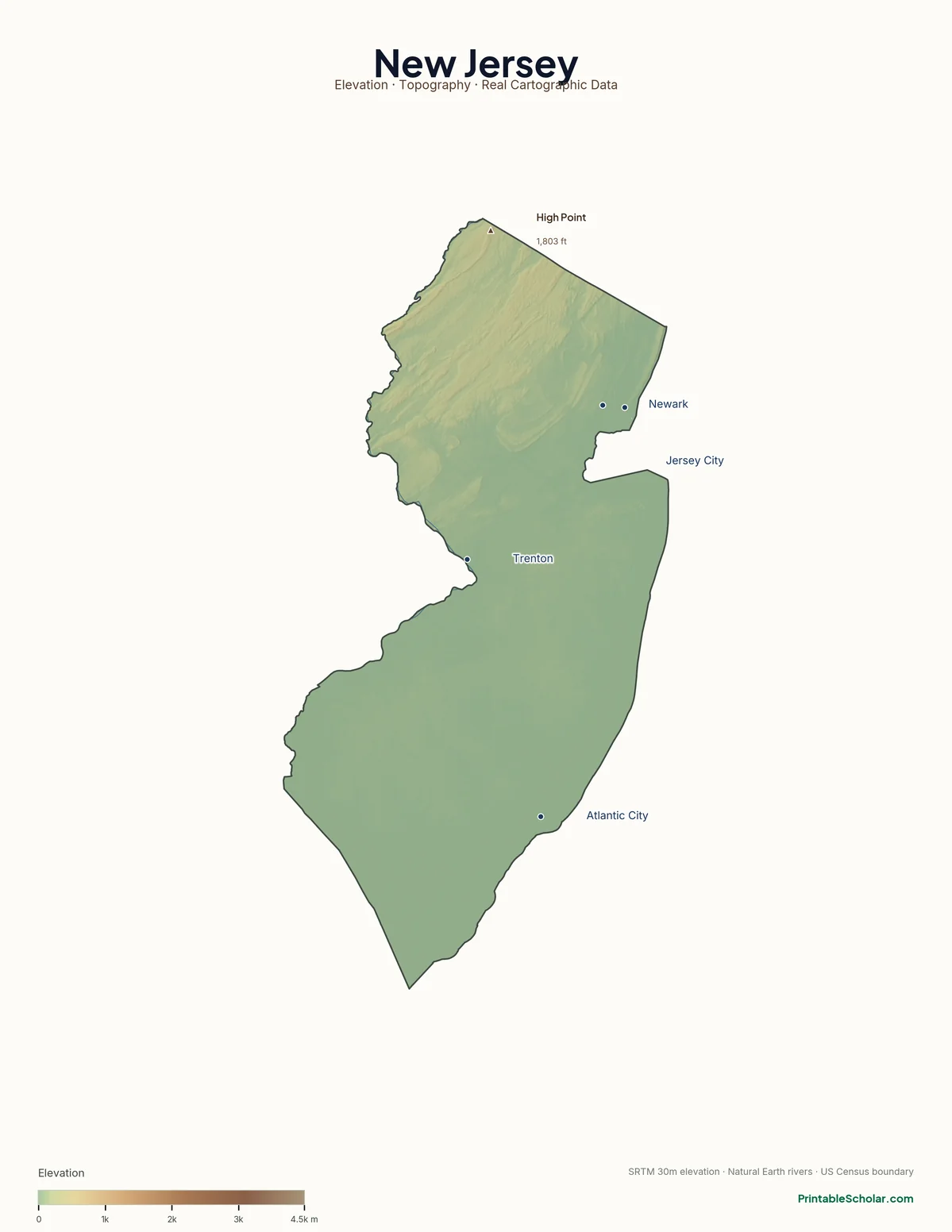 New Jersey physical map showing the Kittatinny Mountains, the Pine Barrens, and the Atlantic coastal plain, with major peaks and cities labeled. Topographic relief from NASA SRTM elevation data.
