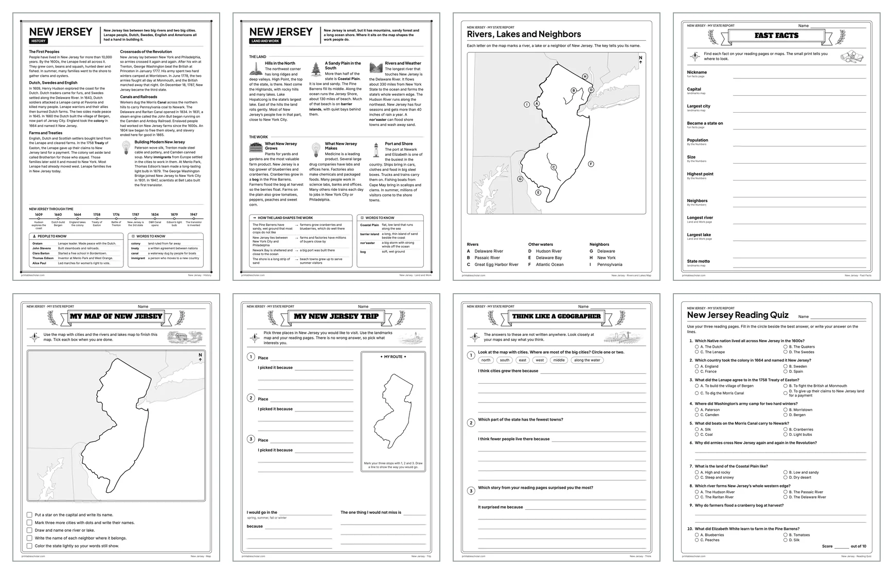 Eight pages from the New Jersey State Report Kit: History, Land and Work, the rivers and lakes map, Fast Facts, My Map, My Trip, Think Like a Geographer and the reading quiz