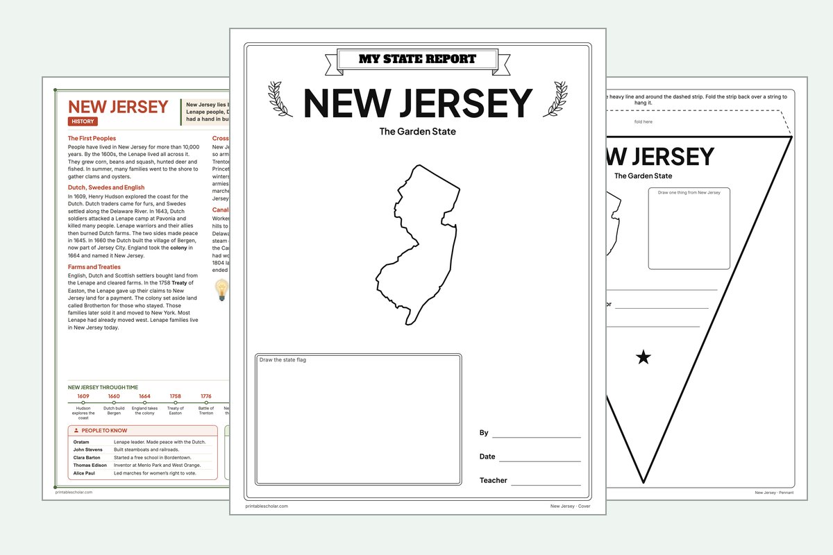 New Jersey State Report Kit: the report booklet cover, the history reading page and the pennant