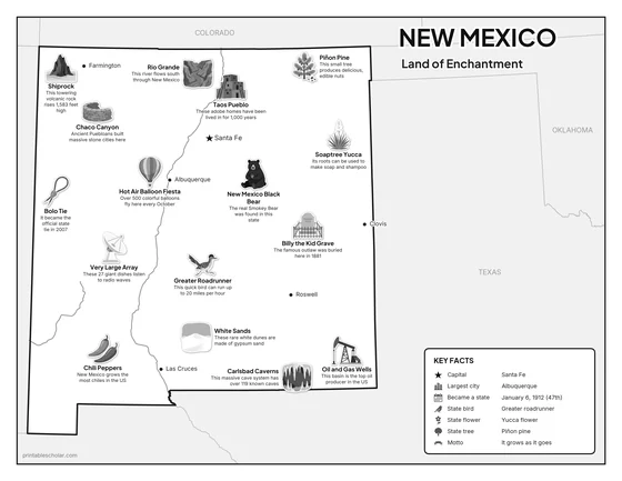 Black and white illustrated map of New Mexico